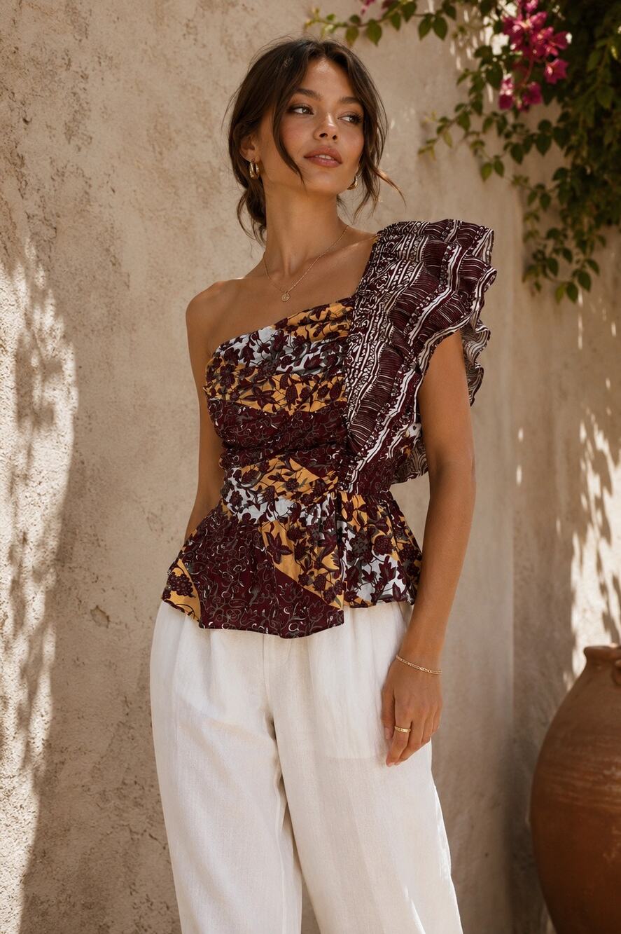 Love the Label Galit One Shoulder Ruffle Peplum Top Floral Boho Size Large NWT